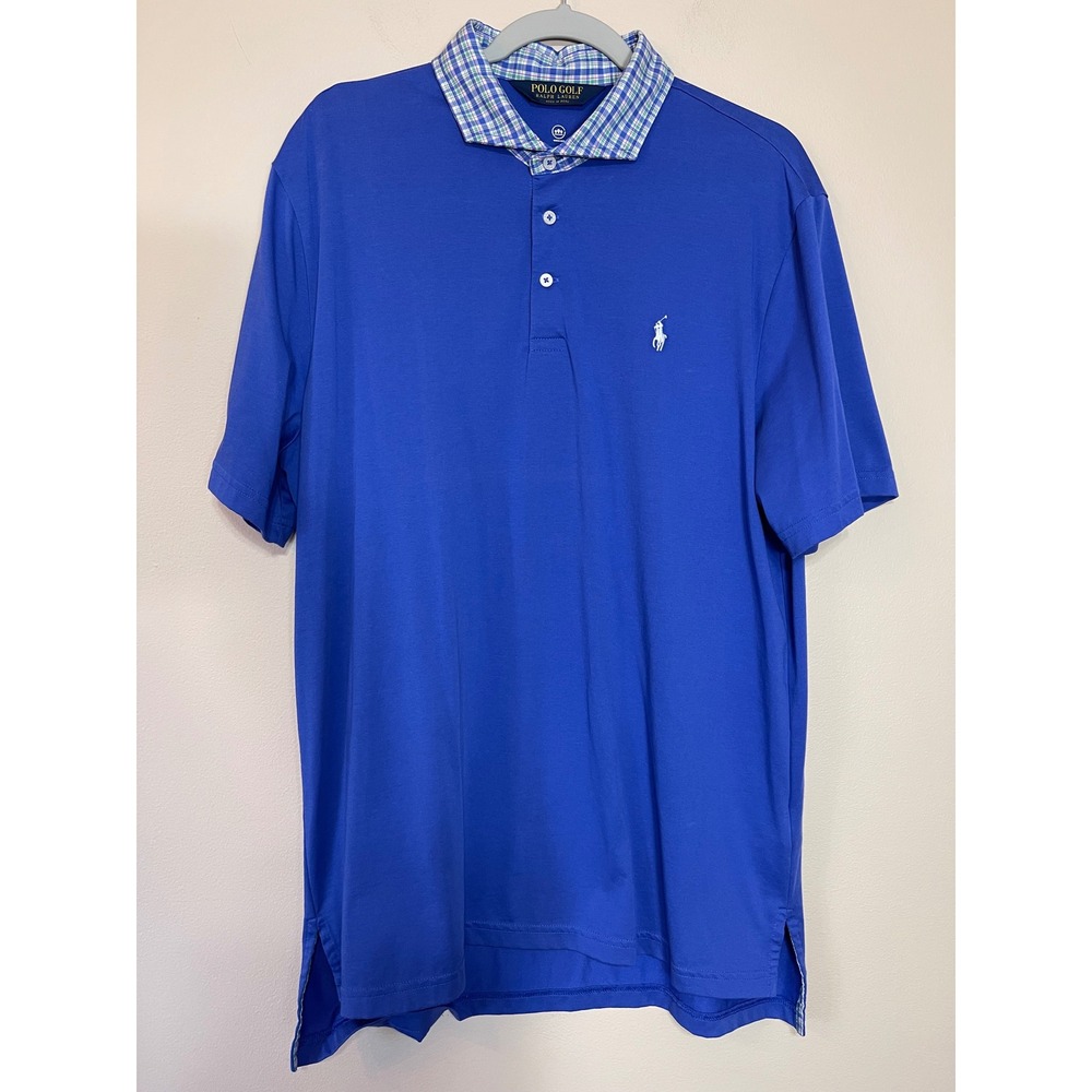 Polo Golf‎ Ralph Lauren Men's Large Blue Plaid Collar Wicking Performance Shirt